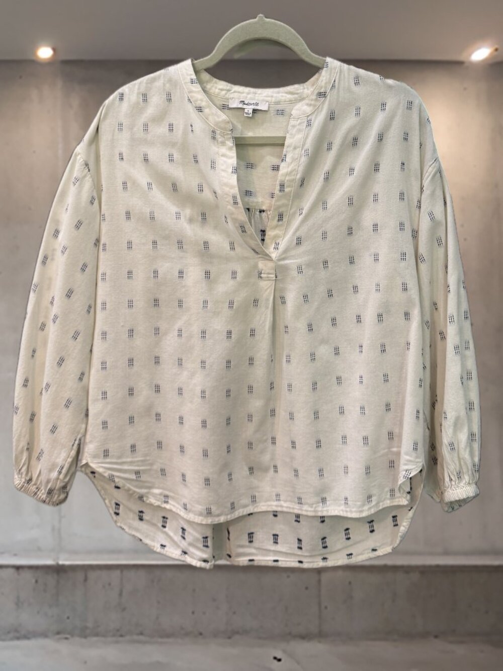 Madewell Small Ivory Navy Print Cotton Popover Blouse Split Neck Relaxed